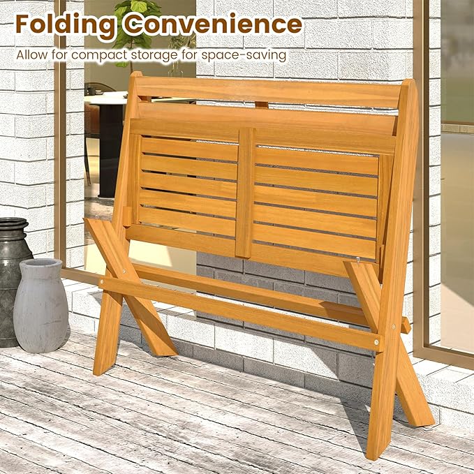 Tangkula Foldable Acacia Wood Outdoor Bench, 2-Person Patio Garden Bench with 800 lbs Capacity, Outside Loveseat Seating for Porch, Balcony, Yard & Park