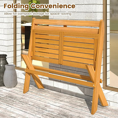 Tangkula Foldable Acacia Wood Outdoor Bench, 2-Person Patio Garden Bench with 800 lbs Capacity, Outside Loveseat Seating for Porch, Balcony, Yard & Park