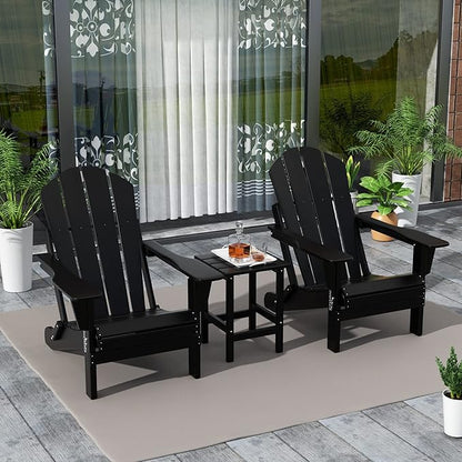 WestinTrends Malibu 3-Pieces Adirondack Chairs Set with Side Table, All Weather Outdoor Seating Plastic Patio Lawn Chair Folding for Outside Porch Deck Backyard, Black