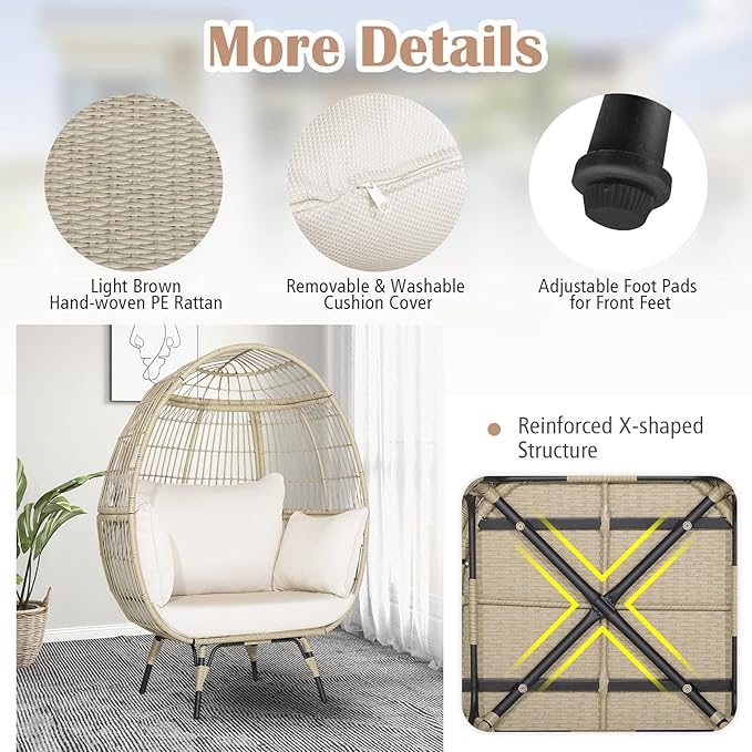 Giantex Oversized Wicker Egg Chair, Outdoor & Indoor Hammock Chair with Thick Cushions, 2-Person PE Rattan Lounge Chair Swing Chair for Patio, Backyard,Porch, 450 LBS Weight Capacity (Light Brown)