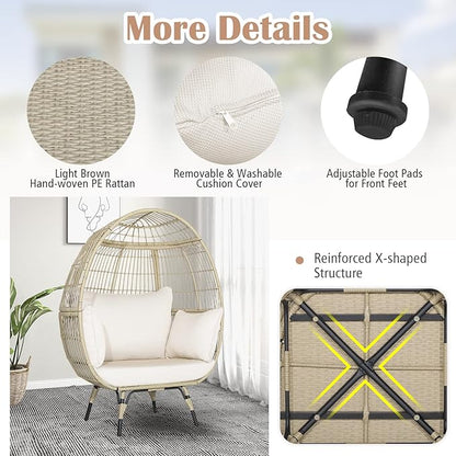 Giantex Oversized Wicker Egg Chair, Outdoor & Indoor Hammock Chair with Thick Cushions, 2-Person PE Rattan Lounge Chair Swing Chair for Patio, Backyard,Porch, 450 LBS Weight Capacity (Light Brown)