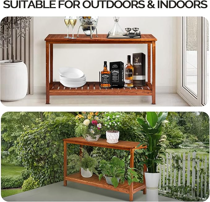VINGLI 49in Solid Wood Outdoor Console Table, 2-Shelf Wooden Outdoor Accent Plant Table Multifunctional Buffet Bar Storage Organizer for Indoor Patio Porch and Entryway (Natural)