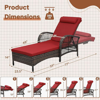 HOMEDIARY 2-Piece Outdoor Wicker Lounge Chairs with Cushion, Rattan Patio Chaise Loungers with 6-Level Backrest, All Weather Lay Flat Pool Sunbathing Recliner Chair, Armrest and Head Pillow, Red