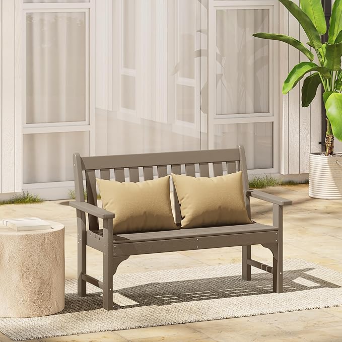Costaelm Garden Bench, Farmhouse Park Front Porch for Entryway Bench Outdoor Seating Low Bench Patio Bench Outside/Indoor, Weathered Wood