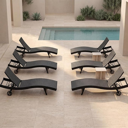 Set of 6 Black Outdoor Chaise Lounge Chairs, Wicker Patio Lounge Chairs with Adjustable Backrest and Wheels, Durable PE Rattan Pool Chair for Patio, Poolside and Garden