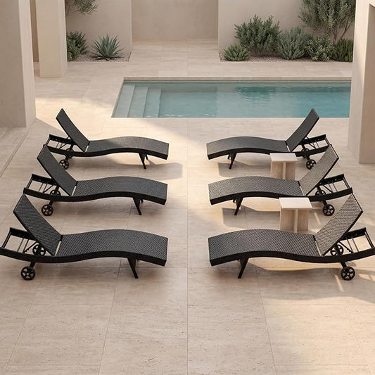 Set of 6 Black Outdoor Chaise Lounge Chairs, Wicker Patio Lounge Chairs with Adjustable Backrest and Wheels, Durable PE Rattan Pool Chair for Patio, Poolside and Garden