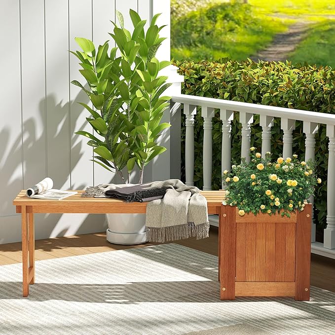 2-in-1 Outdoor Planter Box with Bench, Outdoor Bench with Raised Garden Bed, Open-Ended Base Planter Box, Teak Oil Finish Wood Seat, Garden Bench Seat for Porch Balcony Lawn Yard (1)
