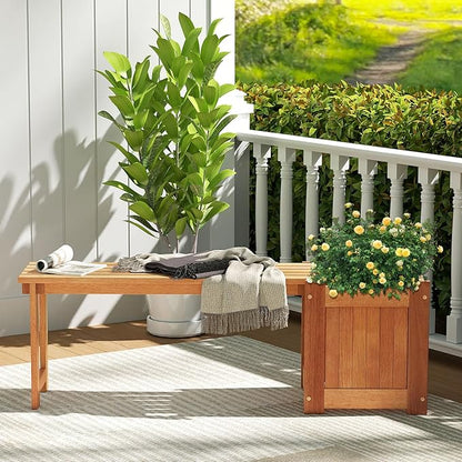 2-in-1 Outdoor Planter Box with Bench, Outdoor Bench with Raised Garden Bed, Open-Ended Base Planter Box, Teak Oil Finish Wood Seat, Garden Bench Seat for Porch Balcony Lawn Yard (1)