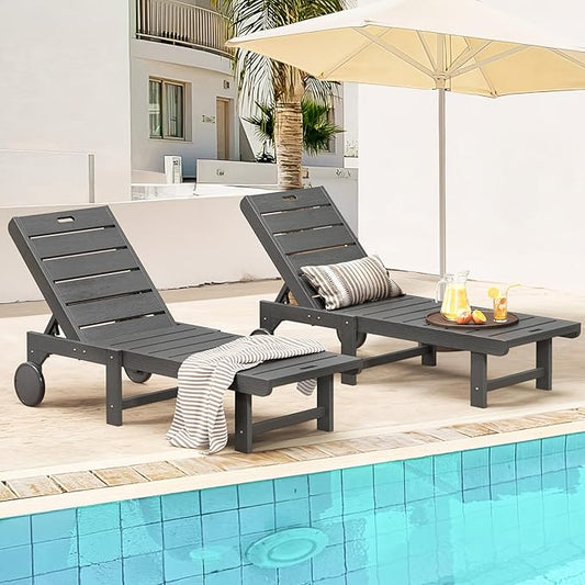 Outdoor Chaise Lounge Chairs Set of 2, 2-Piece, 26.8” Super Wide Lounge Chair Outdoor, HDPS Pool Chairs with 5 Positions, Patio Lounge Chair with Wheels for Pool,Lawn,Backyard, Dark Gray