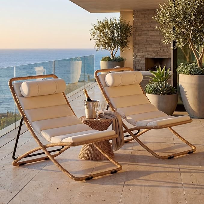 Outdoor Chaise Lounge Chair Set of 2, Patio Chaise Lounge Recliner, Poolside Chaise Lounge with Thick All-Weather Cushions for Patio, Deck and Backyard(D)