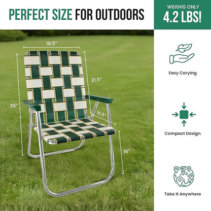 Lawn Chair USA Folding Aluminum Outdoor Patio Lawn Chair | Heavy-Duty Webbed Chairs for Camping, Sports, Beach, Yard & Tailgating | Lightweight Portable | Classic - Spring Fling with Green Arms