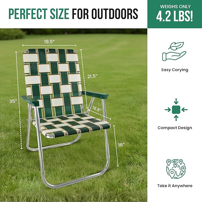 Lawn Chair USA Folding Aluminum Outdoor Patio Lawn Chair | Heavy-Duty Webbed Chairs for Camping, Sports, Beach, Yard & Tailgating | Lightweight Portable | Classic - Yellow and White with White Arms