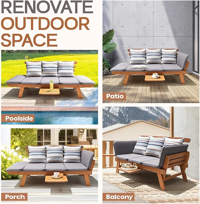 IDZO Amelie Eucalyptus Convertible Outdoor Sofa, 750lbs Capacity Patio Couch with Folding Armrest & Coffee Tray - Photo 6