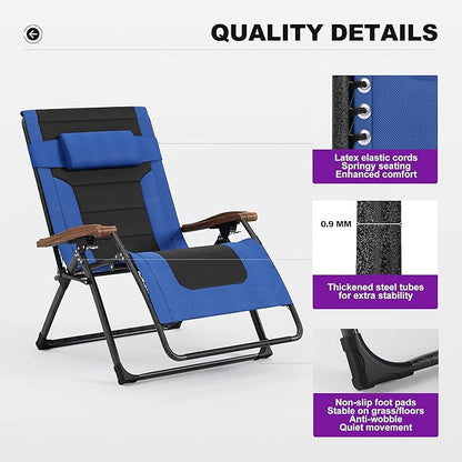 PURPLE LEAF Extra Wide Outdoor Reclining Chair Set of 2 Patio Zero Gravity Chaise Lounge Folding Chair with Quilted Cushion Adjustable Headrest for Lawn Camping Beach Pool Navy Blue and Black