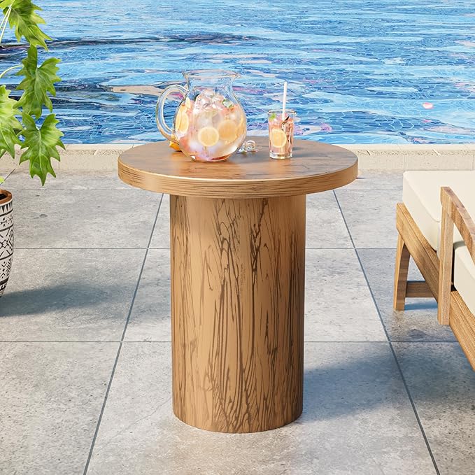 Metal Small Patio Table, Round Outdoor Side Table, Wood Color Outdoor Accent End Table, Patio Furniture, for Garden - Photo 1