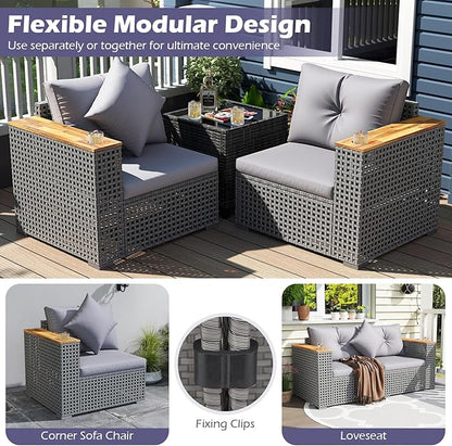 Tangkula 62.5" Large Patio Wicker Loveseat with Acacia Wood Armrests & Cup Holders, Outdoor 2-Piece Rattan Corner Sofa with Cushions, Sectional Conversation Set for Garden Backyard Porch Balcony, Grey