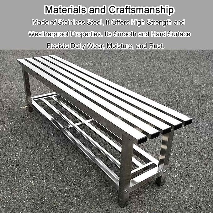 Outdoor Bench 304 Stainless Steel Metal, Garden Bench with Storage Shelf for 2-3 Person Seat 1102Ib High Capacity, for Gym, Outdoor, Commercial Use(150cm/59in)
