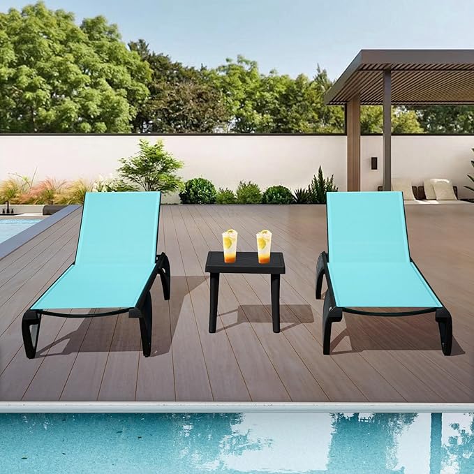 Domi Pool Lounge Chairs, Aluminum Patio Chaise Lounge with Side Table, 5 Position Adjustable Backrest and Wheels, All Weather Outdoor Lounge Chairs for Beach, Yard, Balcony, Poolside, Turquoise Blue