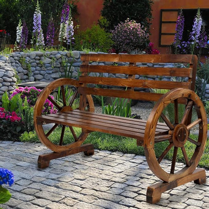 Rustic Wooden Wheel Bench - 41" Outdoor Garden Bench for 2 Person, Weatherproof Outdoor Patio Bench, Patio Benches for Outdoors 350lbs Capacity