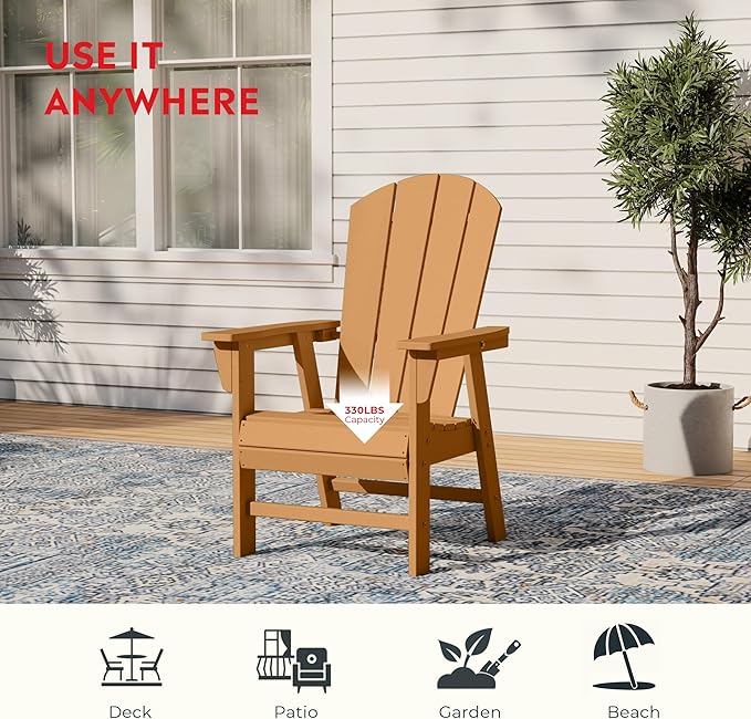 Costaelm Outdoor Adirondack Chair, HDPE Patio Balcony Chair, Portside Seashell Nautical Curveback Adirondack Chair and Fire Pit Chairs, Teak