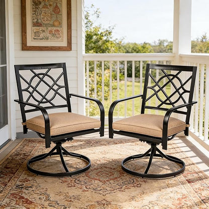 SUNCROWN Outdoor Dining Swivel Chairs Set of 2, Metal Frame Patio Chair Rocker with Brown Cushion for Garden, Bistro, Backyard, Balcony