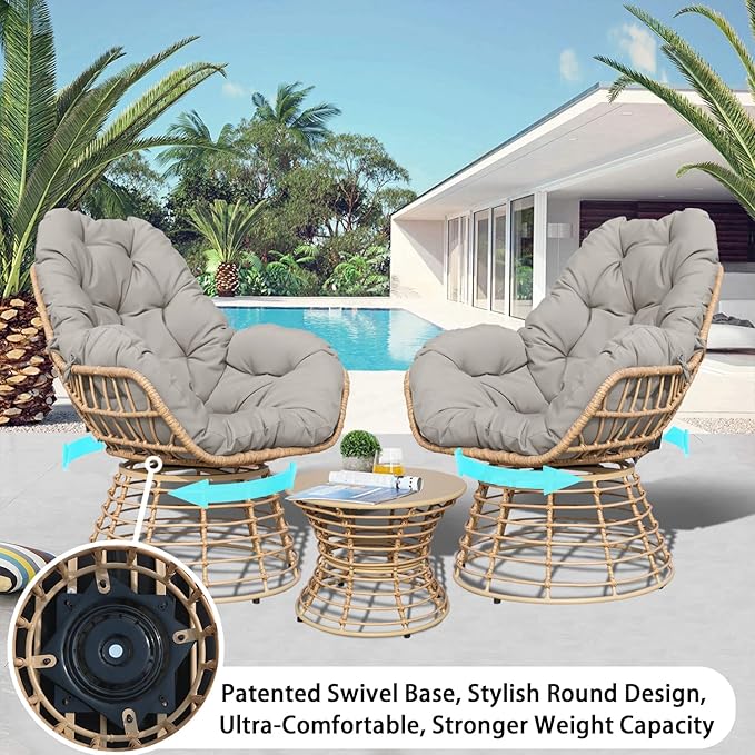 Swivel Chairs for Outside Patio Set of 3, 360° Swivel Pe Wicker Luxury Lounger Chair with 20" Side Table, Soft Cushion and Durable Frame, for Apartment Balcony, Patio, Porch, Yard (Grey)