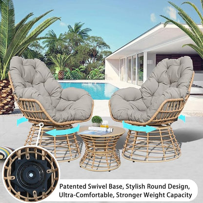 Swivel Chairs for Outside Patio Set of 3, 360° Swivel Pe Wicker Luxury Lounger Chair with 20" Side Table, Soft Cushion and Durable Frame, for Apartment Balcony, Patio, Porch, Yard (Grey)