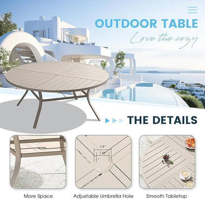 Patio Dining Table for 8-10, Round Metal Outdoor Table with Storage Shelf, 1.57" Umbrella Hole, 60" Outdoor Quartered Tabletop Dining Table for Backyard, Porch, Lawn, Sand