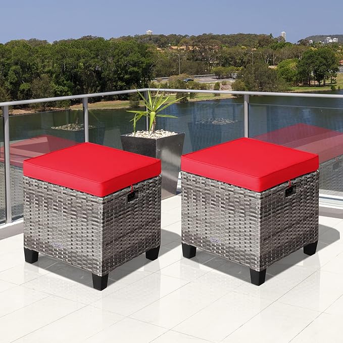 Tangkula 2 Pieces Patio Rattan Ottomans, Outdoor Wicker Footstool Footrest Seat with Soft Cushions and Steel Frame - Photo 5