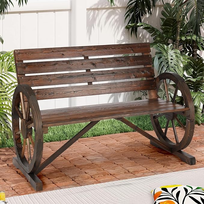 Wooden Wagon Wheel Bench, 2-Person Solid Wood Garden Bench, Rustic Wooden Seat Wagon Wheel Bench Patio Loveseat W/Slatted Backrest, Outdoor Garden Bench for Lawn Yard Porch Park