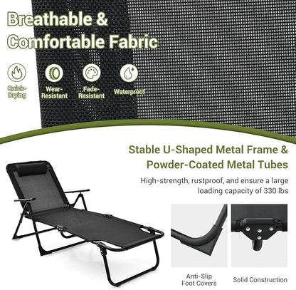 Tangkula 3-Piece Folding Outdoor Chaise Lounge Chair Set, 2 Recliner Chairs & 1 Patio Bistro Table w/Adjustable Backrest, Weatherproof PVC Tabletop, Portable Sunbathing Chairs for Beach Yard Poolside