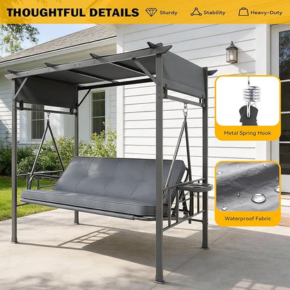AECOJOY 2-in-1 Convertible Porch Swing Bed 3 Seat, Outdoor Patio Metal Pergola Swing Bench with Hanging Cloud Hammock Chair, Garden Swinging Glider Arbour with Cup Holders (Grey)