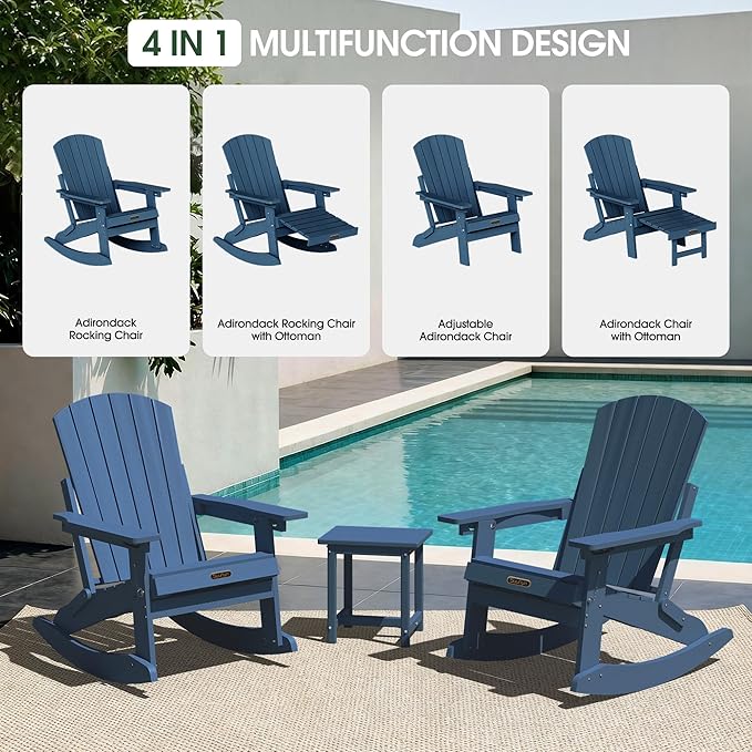 Adirondack Rocking Chair with Retractable Ottoman Set of 2, 4-in-1 Foldable Reclining Patio Chair, HDPE Wood-Look Outdoor Rocker for Porch, Garden & Poolside, Navy Blue
