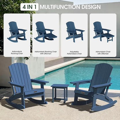 Adirondack Rocking Chair with Retractable Ottoman, 4-in-1 Foldable Reclining Patio Chair, HDPE Wood-Look Outdoor Rocker for Porch, Garden & Poolside, Navy Blue