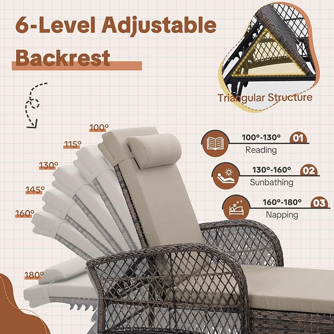 HOMEDIARY 3-Piece Outdoor Wicker Lounge Chair Set, Patio Chaise Loungers Set of 2 w/Side Table, 6-Position Adjustable Poolside Sunbathing Recliner, Armrest and Head Pillow, Fade-Resistant, Beige