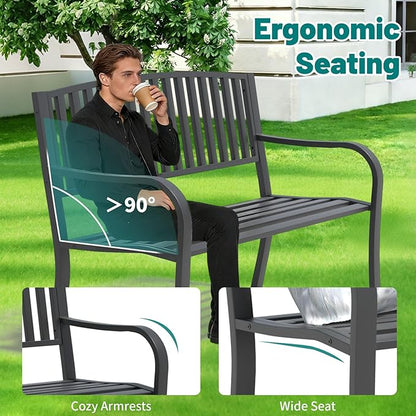 Metal Bench Patio Bench, Outdoor Benches Weatherproof with Slat Backrest, Wrought Iron Garden Benches for Outdoors, Patio, Garden, Park