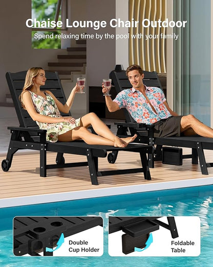 YEFU Chaise Lounge Chairs Set of 4 Outdoor,Pool Lounge Chair with Adjustable Backrest,All Weather Patio Lounge Chair with Cup Holder&Armrest,for Outside,Beach,Deck,Heavy Duty,400lbs Capacity(Black)