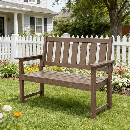 HDPE Outdoor Bench – 50'' Weatherproof Durable Garden Bench, 2-Person Park Bench, Multi-Purpose Design Ideal for Porch, Patio, Church, and School (Brown)