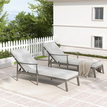 HAPPATIO Outdoor Chaise Lounge Chair Set of 2, Aluminum Pool Chair with Adjustable Backrest and Cushion, Curved Armrest, Outdoor Lounge Chair for Beach, Yard, Poolside (Grey)