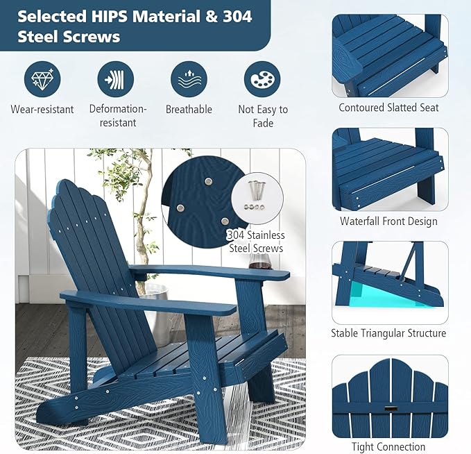 Tangkula Oversized Adirondack Chair, Patio Lounge Chairs w/Adjustable Cup Holder, HIPS Armchairs Slatted Chair, Outdoor Weather Resistant Fire Pit Chair for Deck Backyard Garden Porch (1, Navy)