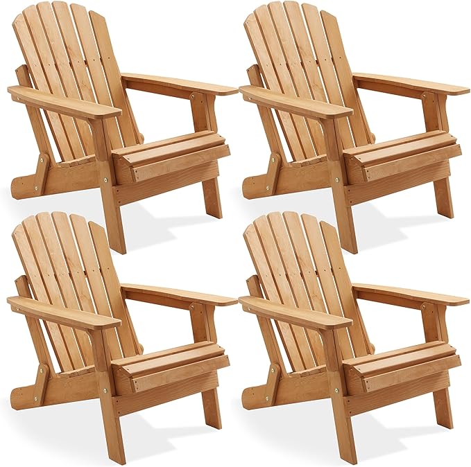 Casafield Oversized Folding Adirondack Chair, Set of 4 Cedar Wood Outdoor Fire Pit Lounge Chairs for Patio, Deck, Yard, Lawn and Garden Seating, Partially Pre-Assembled - Natural