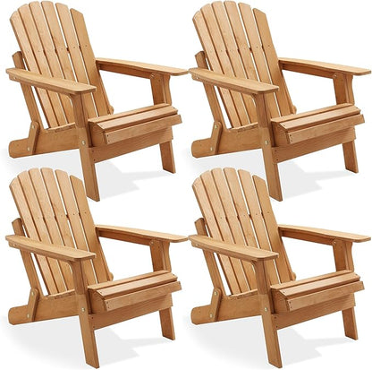 Casafield Oversized Folding Adirondack Chair, Set of 4 Cedar Wood Outdoor Fire Pit Lounge Chairs for Patio, Deck, Yard, Lawn and Garden Seating, Partially Pre-Assembled - Natural