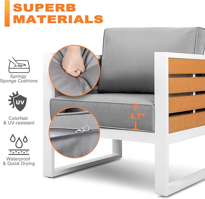 Outdoor Sofa Set, 18 Inch Square Slatted Side Table, 2 Armchairs, 4.7'' Thick Cushions and Pillows, Powder-Coated Aluminum and Imitation Wood Frame, Polyester Fabric, for Patio, Garden and Backyard