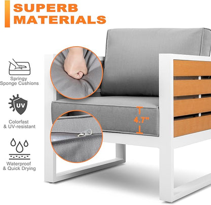 Outdoor Sofa Set, 18 Inch Square Slatted Side Table, 2 Armchairs, 4.7'' Thick Cushions and Pillows, Powder-Coated Aluminum and Imitation Wood Frame, Polyester Fabric, for Patio, Garden and Backyard