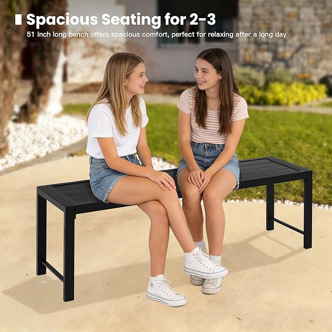 51.2" Outdoor Bench, 2 Pieces Patio Backless Garden Bench with Metal Frame for Porch, Entryway, Lawn, Backyard, Black