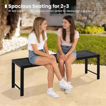 51.2" Outdoor Bench, 2 Pieces Patio Backless Garden Bench with Metal Frame for Porch, Entryway, Lawn, Backyard, Black