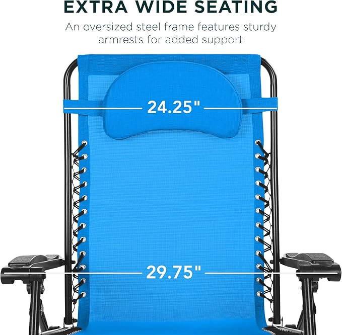 Best Choice Products Oversized Zero Gravity Chair, Folding Outdoor Patio Lounge Recliner w/Cup Holder Accessory Tray, Pillow - Light Blue