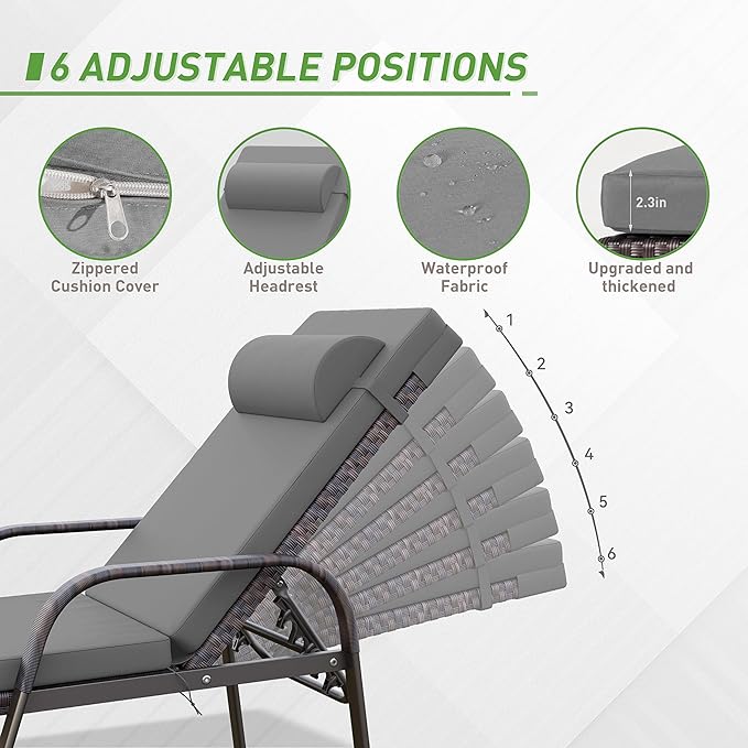 Kurapika Patio Chaise Lounge Set 3 Pieces Outdoor Lounge Chair, Rattan Reclining Chair Adjustable Backrest, Pool Sunbathing Recliners with Folding Table for Poolside Beach, Grey