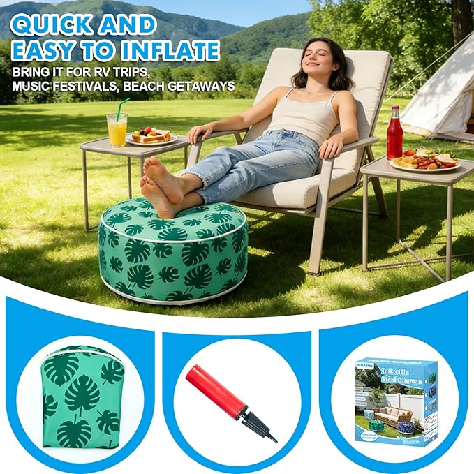AURASUN Inflatable Patio Ottoman Pouf - Portable Stool with Handle D20” x H10” - Air Pump Included for Outdoor Indoor Use - Comfortable Foot Rest or Seating for Garden Camping or Home (Green)