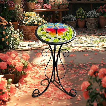 HONGLAND Outdoor Side Table, Small Outdoor Table, 12" Round Patio Side Table End Table, Glass Plant Stand, Small Bistro Coffee Table for Garden Patio Porch Living Room (Butterfly)